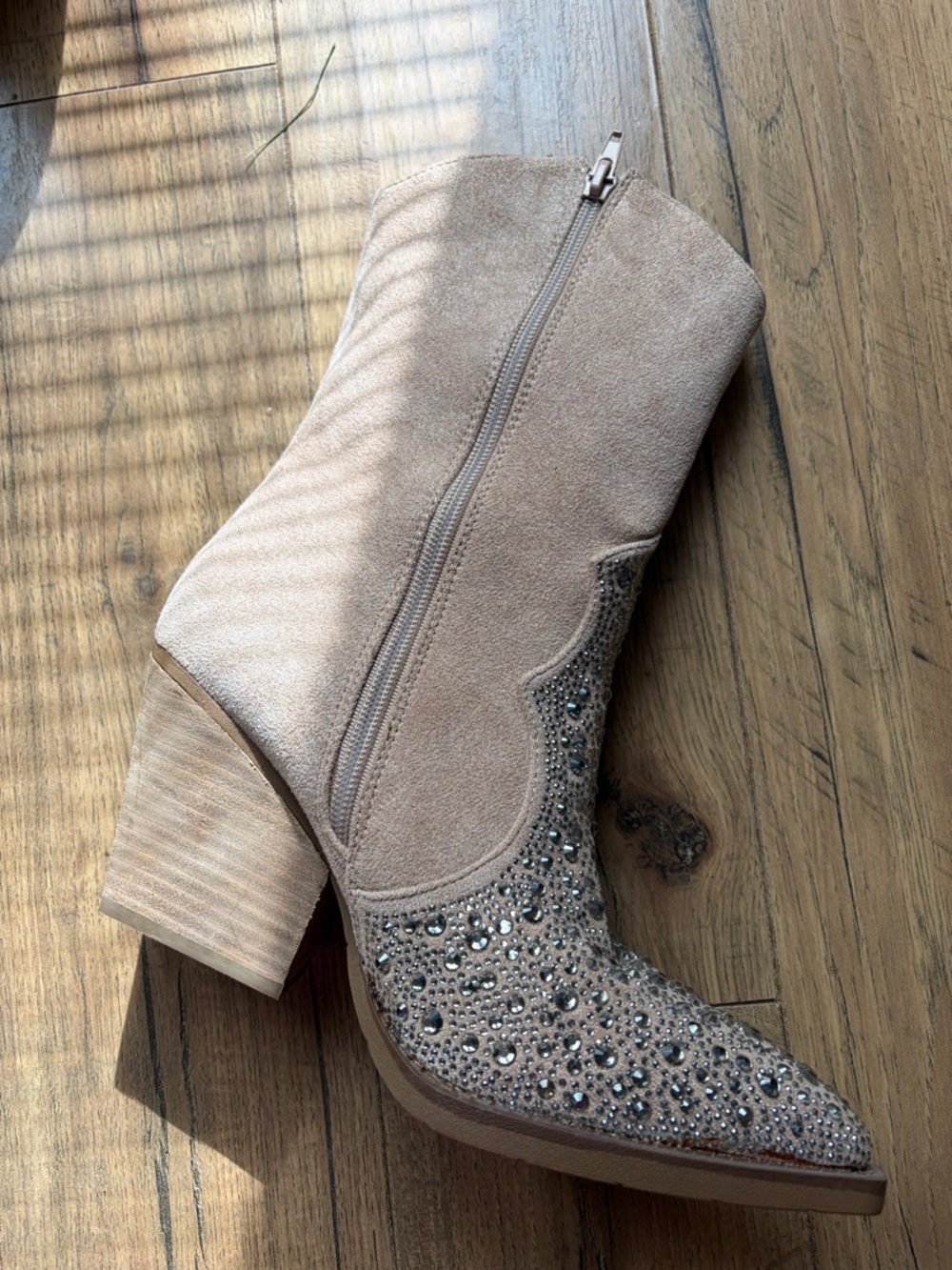 Very G Beige Suede Crystal Embellished Western Ankle Boot - Picture 2 of 4